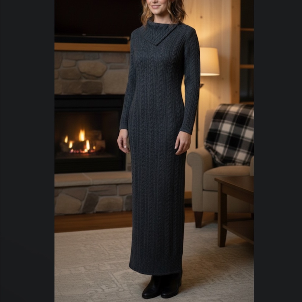Peruvian Connection Grey Cable Knit Alpaca Silk Blend Maxi Dress Size S‎